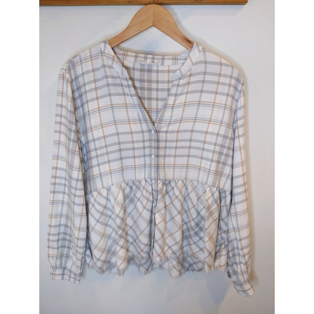 CARVE DESIGNS Plaid Peplum Top Fringe Hem Size Small Western Boho Cowgirl
